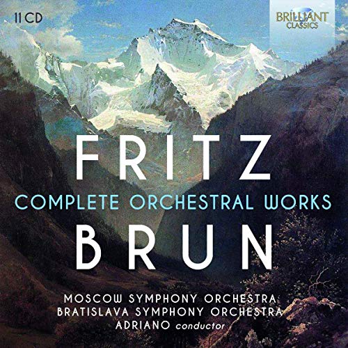 CD cover: snowy mountains with text āFritz Brun: Complete Orchestral Worksā.