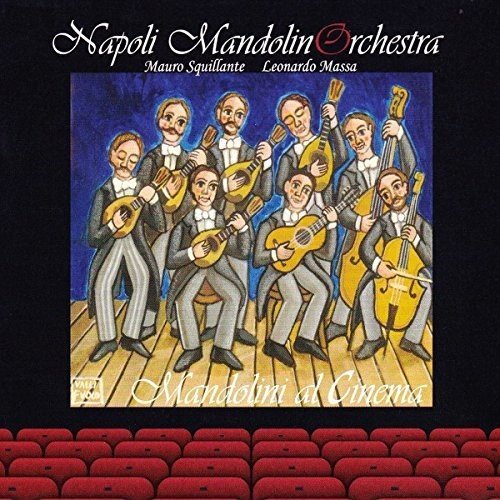 "CD cover art featuring cartoon men playing mandolins on stage with red theater seats."