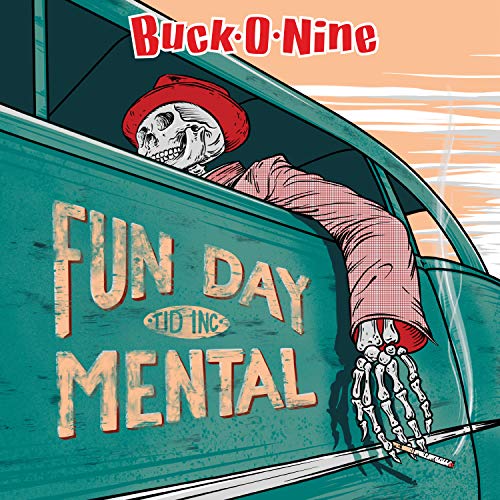 "Vinyl album cover featuring a skeleton in a car window, wearing a red hat."