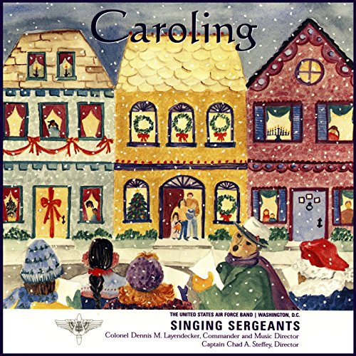 "Christmas CD cover featuring carolers in front of decorated houses, snowy scene, and title 'Caroling'."