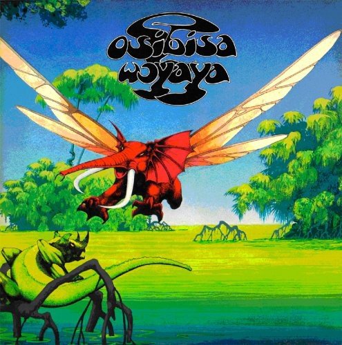 "Album cover with red insect-like creature, green grass, and trees against a blue sky."