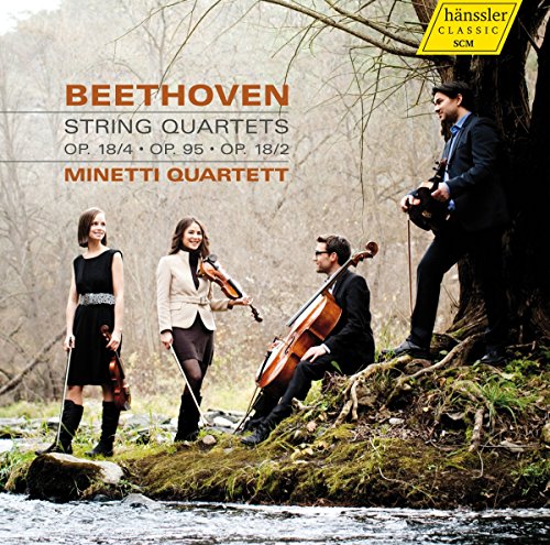 "CD cover featuring four musicians with instruments standing near a wooded stream."