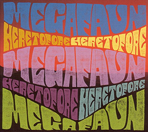 Album cover with colorful, layered text "Megafaun" and "Heretofore" on a red background.