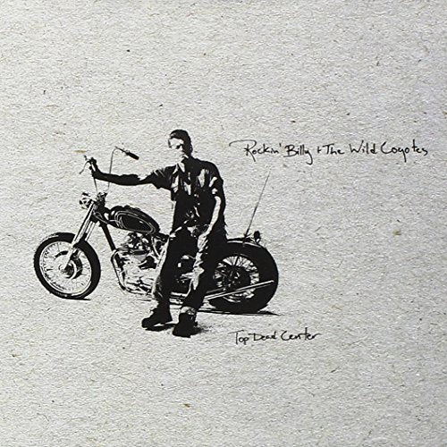 "Album cover with black and white illustration of man on motorcycle."