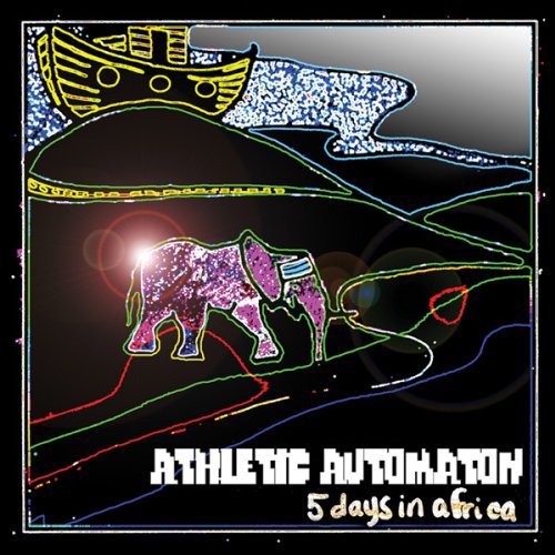 "Album cover with abstract illustration of an elephant and boat on black background."