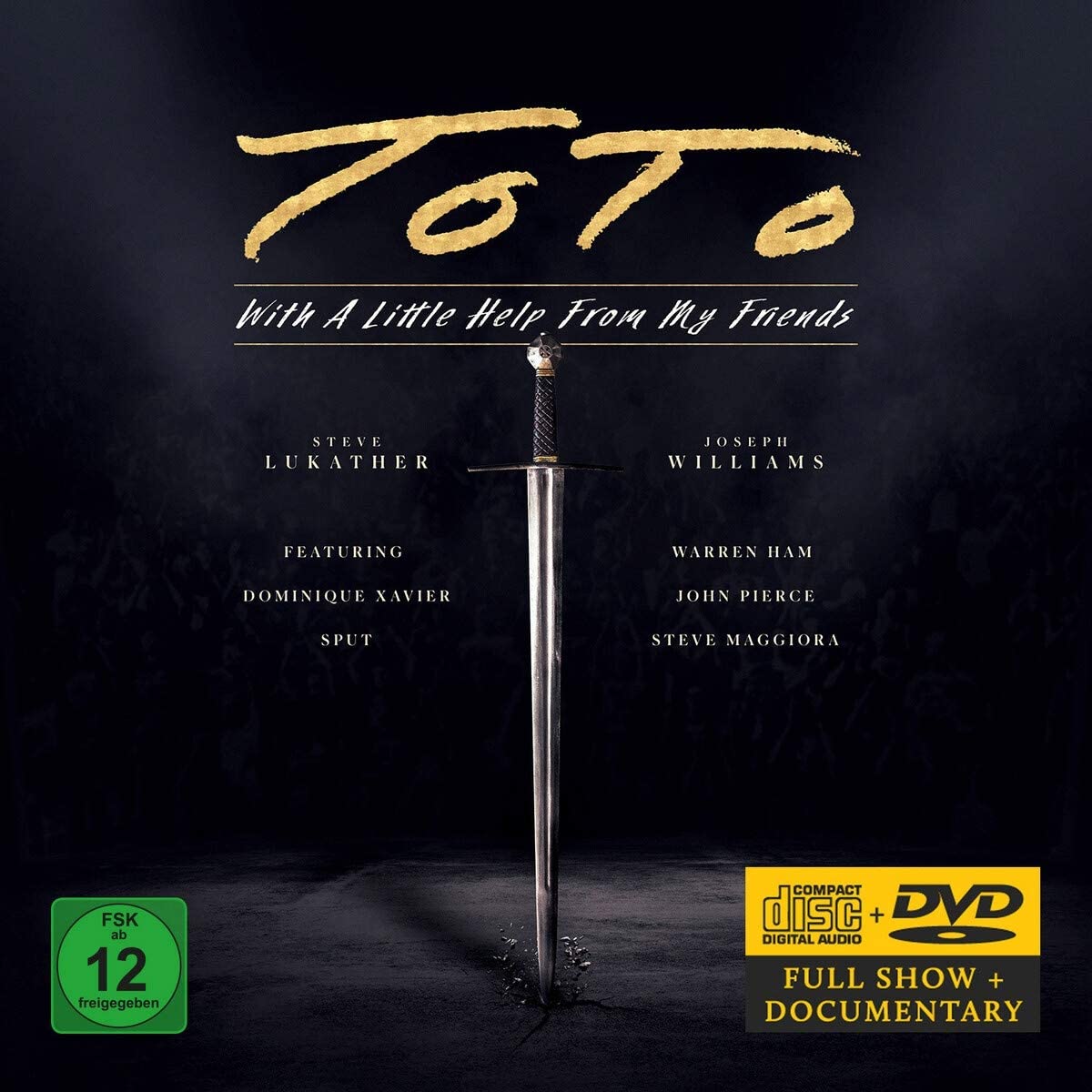 "TOTO concert DVD cover featuring a sword on a dark background with artist names."
