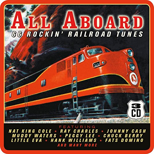 "CD cover featuring an orange train engine with red title 'All Aboard' and artist names."
