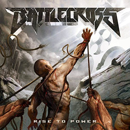 "Album cover art: 'Battlecross' with a man being pulled by ropes, surrounded by hands."