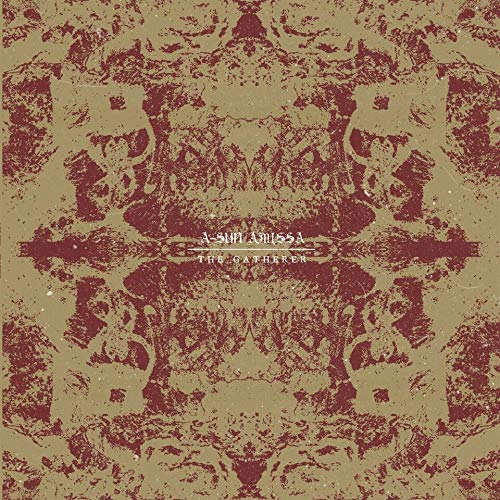 A vinyl album cover with a red and tan abstract symmetrical design, featuring white text.
