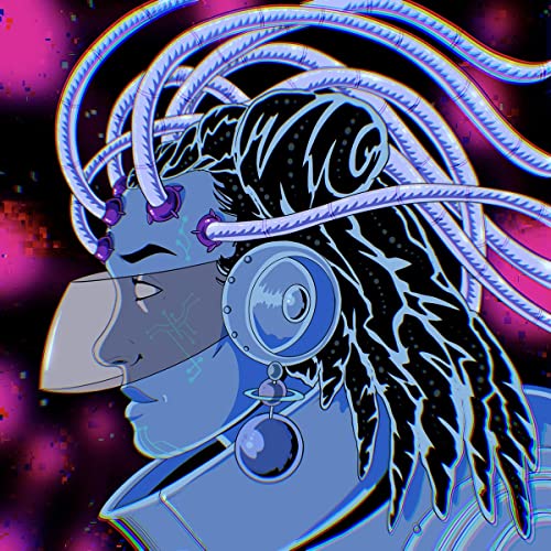 Blue and black illustration of a person with cybernetic enhancements.