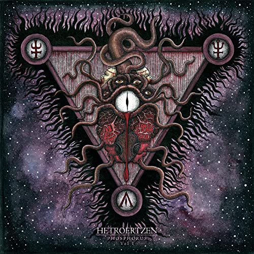 Dark album cover with surreal, tentacled creature and triangular design.