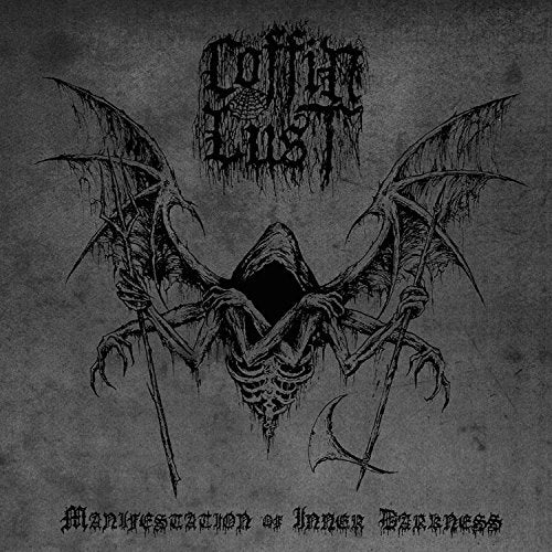 Dark album cover with skeletal, winged figure and band name "Coffin Lust".