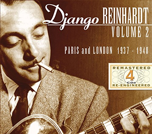 CD cover with Django Reinhardt holding guitar, smoking, against a wood grain background.