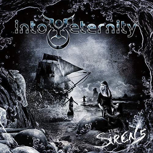 "Black and white album cover with shipwreck scene, three women, and 'Into Eternity' text."