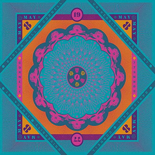 "Vibrant concert poster with a teal, pink, and orange mandala design on a blue background."