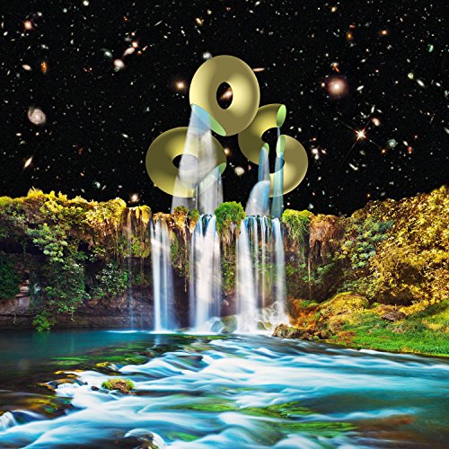 Surreal landscape with waterfalls, glowing rings, and a starry sky.