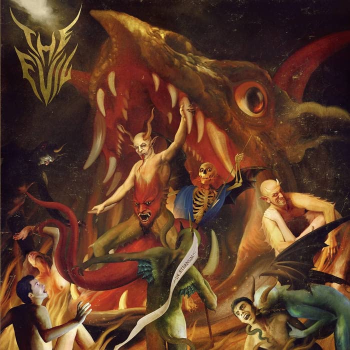 Dark fantasy painting of demons and skeletal figures in a fiery scene.