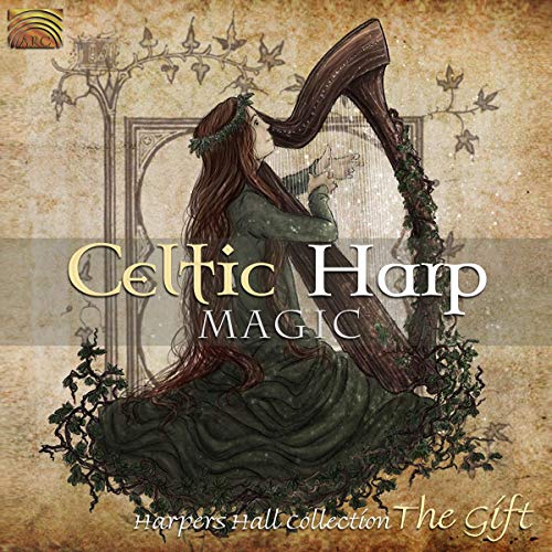 Woman playing a Celtic harp, surrounded by vines and stars.