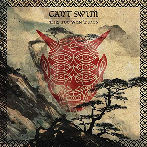 Album cover with red demon head, mountains, and trees on a beige background.