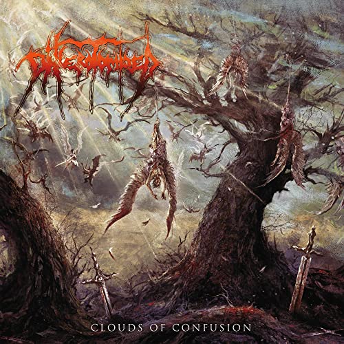 Dark album cover with a gnarled tree, hanging figures, and band logo.