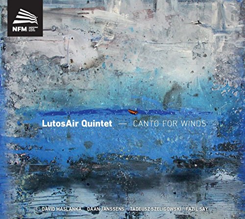 "CD cover with abstract blue and white painting, text 'LutosAir Quintet - CANTO FOR WINDS'."
