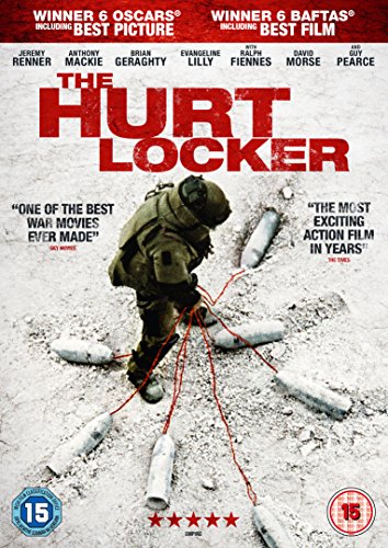 DVD cover for "The Hurt Locker" showing a bomb disposal expert amidst explosive devices.
