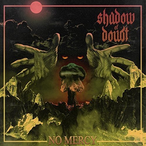 "Album cover with hands emerging from mountains, a nuclear explosion, and red eyes."