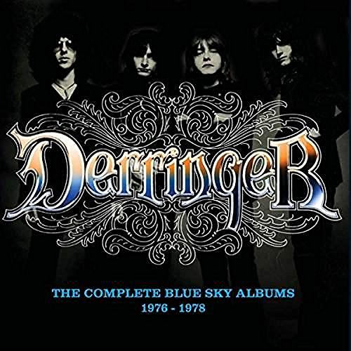 "Derringer album cover with band members and ornate title, on a dark background."