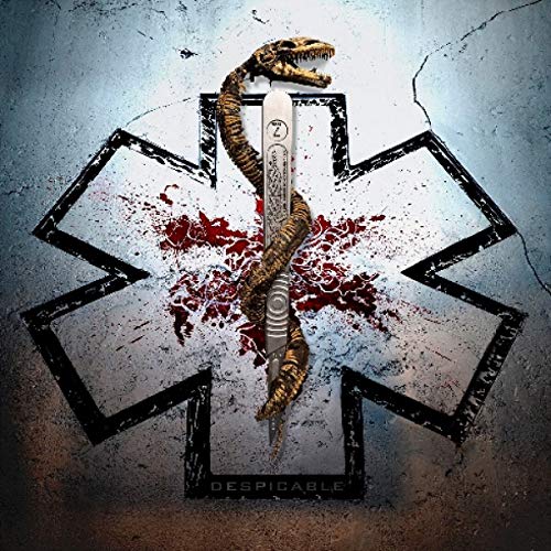 "Album cover with a snake wrapped around a knife on a medical star symbol."