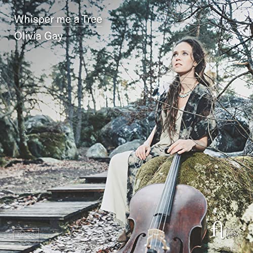 CD cover: Olivia Gay with cello in a forest setting.