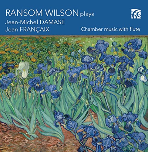 "CD cover featuring a painting of blue irises, with white text on a blue banner."