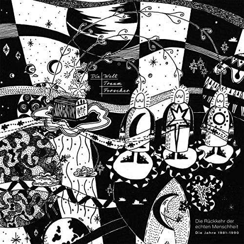 Black and white CD cover with stylized figures and cosmic imagery.