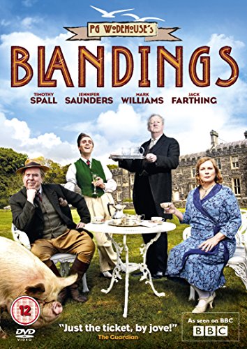 "Blandings DVD cover featuring four actors outdoors with a pig and castle in background."