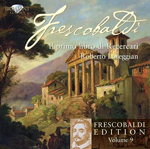 "CD cover featuring a classical landscape with 'Frescobaldi' in cursive and a portrait inset."