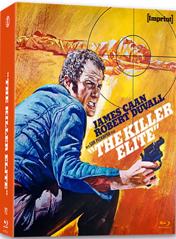 Killer Elite" Blu-ray cover featuring James Caan with a crosshair graphic.