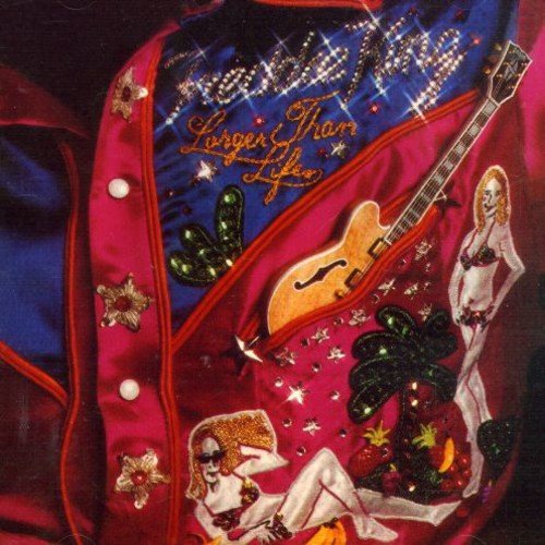 "Freddie King's album cover featuring a decorated pink and blue jacket with guitar and women."