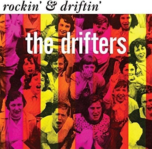 "Album cover with 'the drifters' in white text, surrounded by a colorful collage of faces."