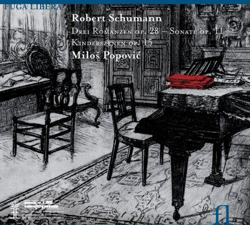 A black-and-white illustration of a room with a piano, chairs, and a red book.