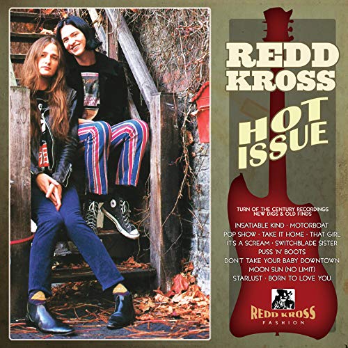 Two people sit on outdoor stairs next to a red guitar-shaped track list graphic.