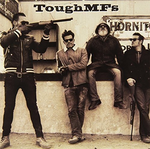 Black and white album cover featuring four men with firearms.
