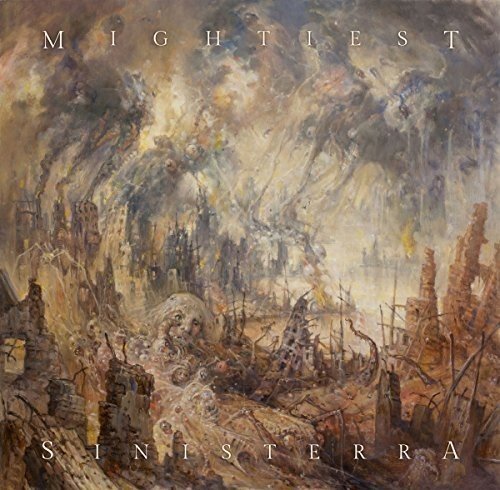 "Album cover art: dark, abstract painting of a destroyed cityscape with 'MIGHTIEST' and 'SINISTERRA' text."
