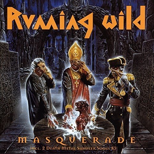 "Album cover art featuring three masked men around a possessed figure, dark background."