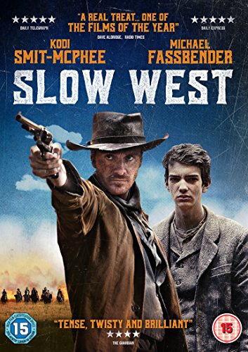 DVD cover for Slow West featuring Michael Fassbender aiming a gun and Kodi Smit-McPhee.