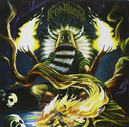 "Album cover art featuring a cartoonish figure with flames and skulls."