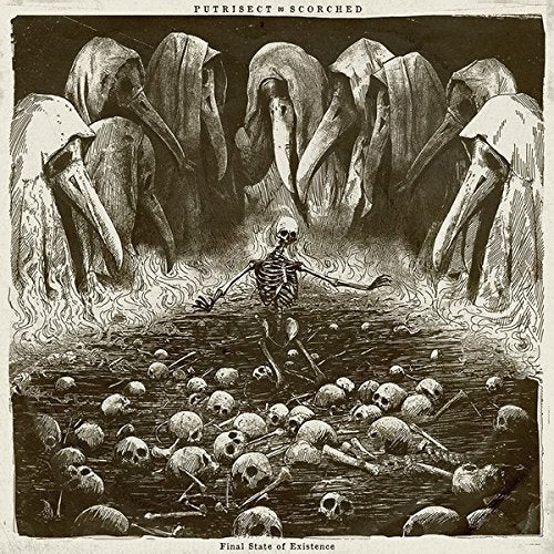 Dark fantasy album cover with a hooded figure, an eye, and a reclining person.