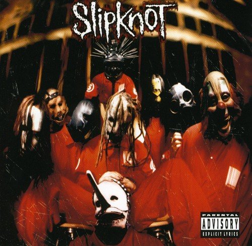 "Album cover featuring the band 'Slipknot' with masked members in red robes."