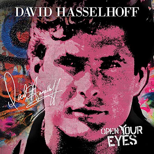 "David Hasselhoff's album cover featuring a pink-tinted portrait of his face."