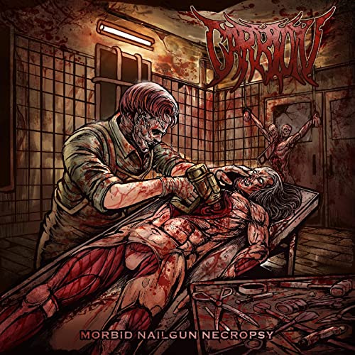 Gory album cover depicting a violent scene with a nailgun and surgical table.
