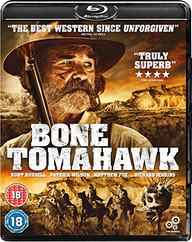 Blu-ray cover for Bone Tomahawk featuring a close-up of a cowboy and desert landscape.