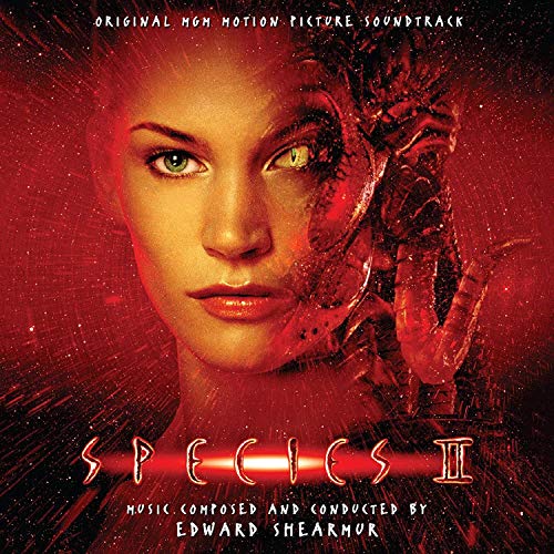 "Soundtrack CD cover for 'Species II' with a woman's face and alien hand."